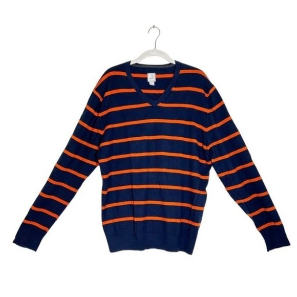 JCPenney Men's Stripe V-Neck Cotton/Cashmere Sweater in Blue/Orange - Sz L - Picture 1 of 5